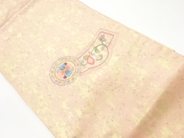 リサイクル　引箔抽象に花唐草・花丸文様刺繍名古屋帯